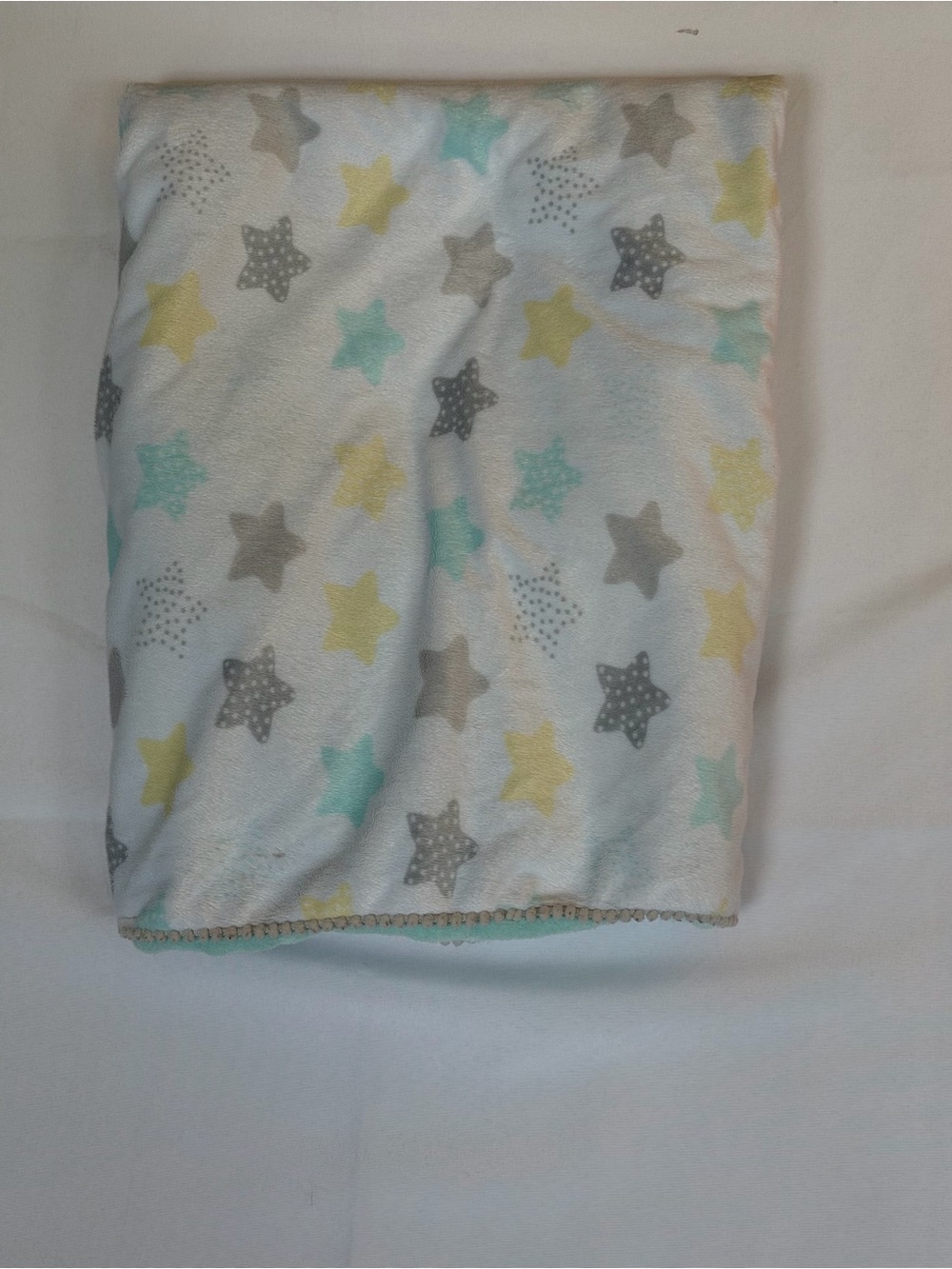 Just Born Baby Blanket Velboa Stars Yellow Aqua Gray Pom Trim Security Lovey